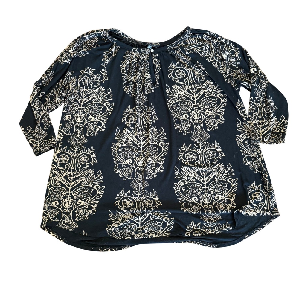 Lucky Brand 1X Plus Black Beige Floral Peasant Tunic Top 3/4‎ Sleeve Viscose